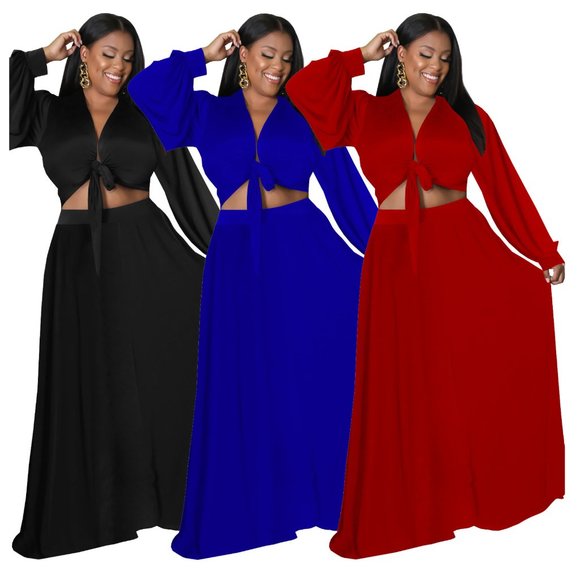 Royal Blue Lace-Up Long Sleeve Top + Swing Skirt Two Piece Set - Picture 2 of 4